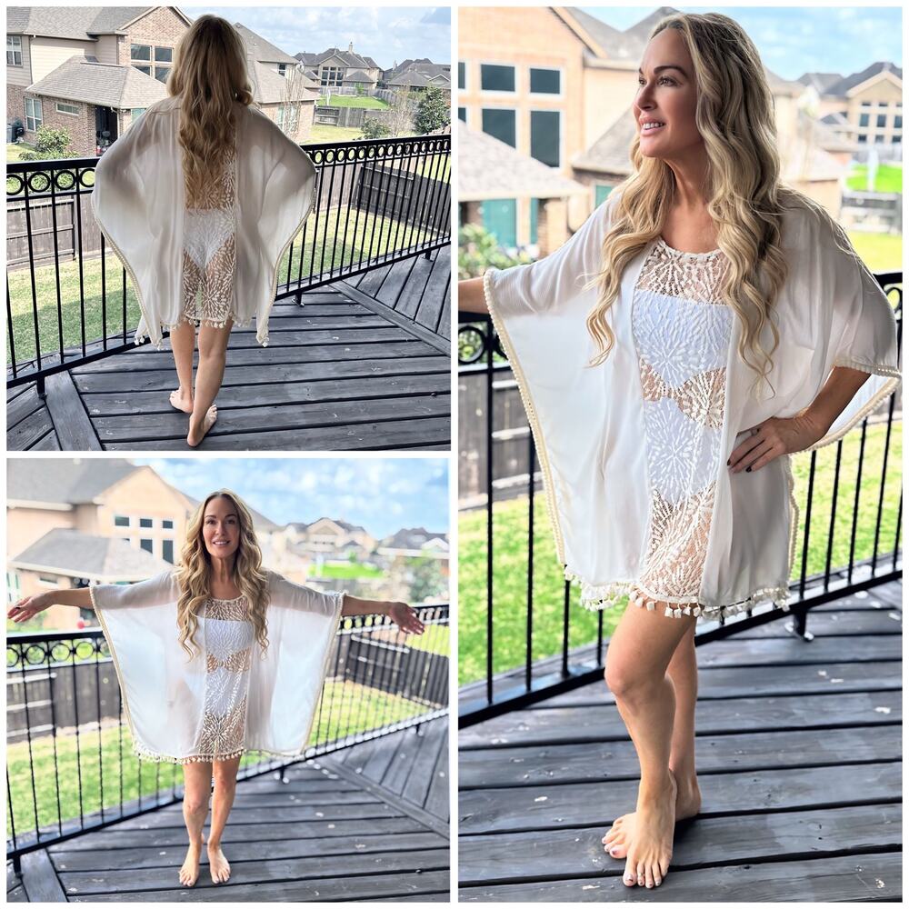 C02 Irgus Brand Kaftan Lace Insert Pom Pom Cover Up Size M $65